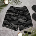 Front view of black, charcoal and black camouflage athletic shorts with a small ATB logo, laid flat on a gray surface.