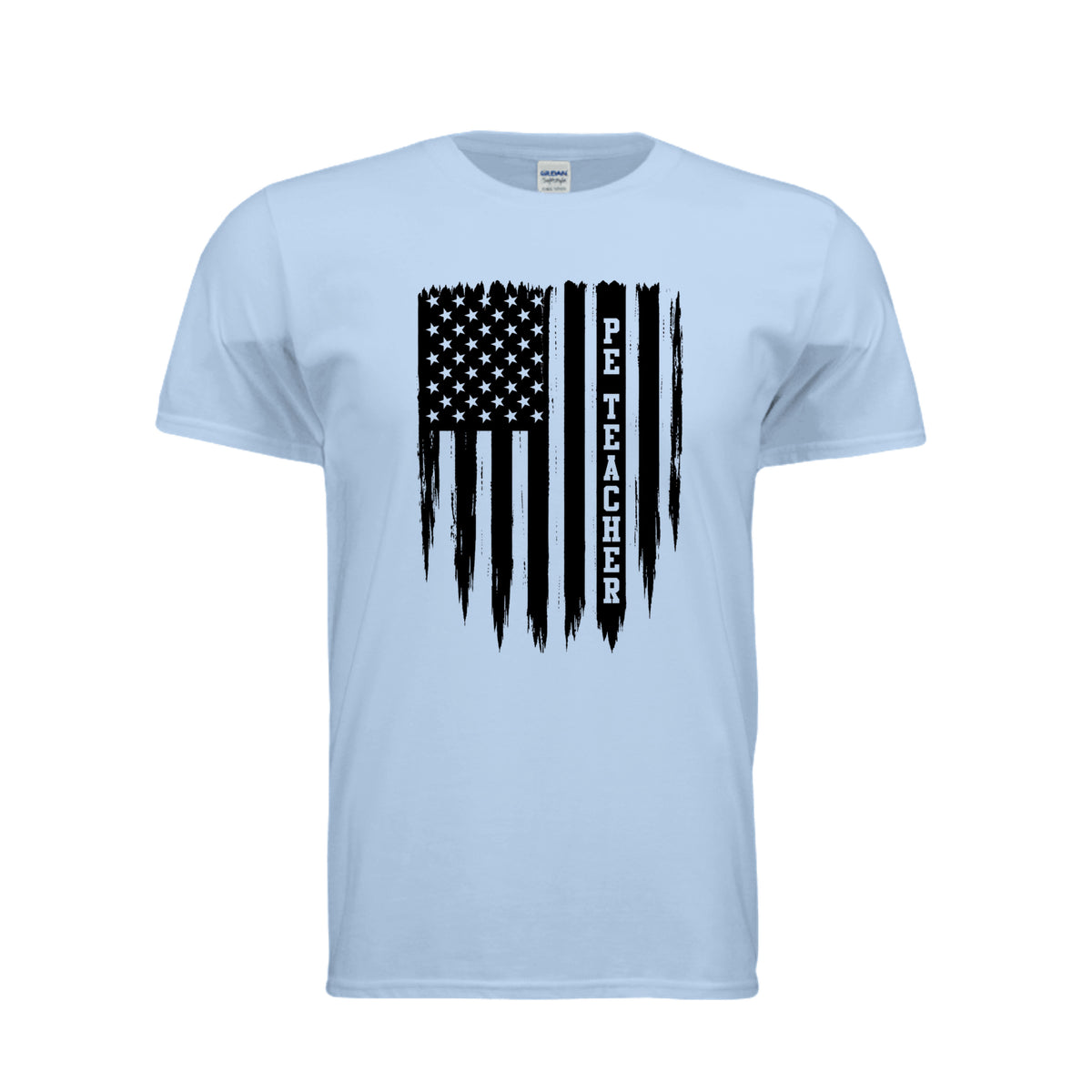 PE Teacher American flag physical education shirt in light blue by After the Bell Apparel Co.
