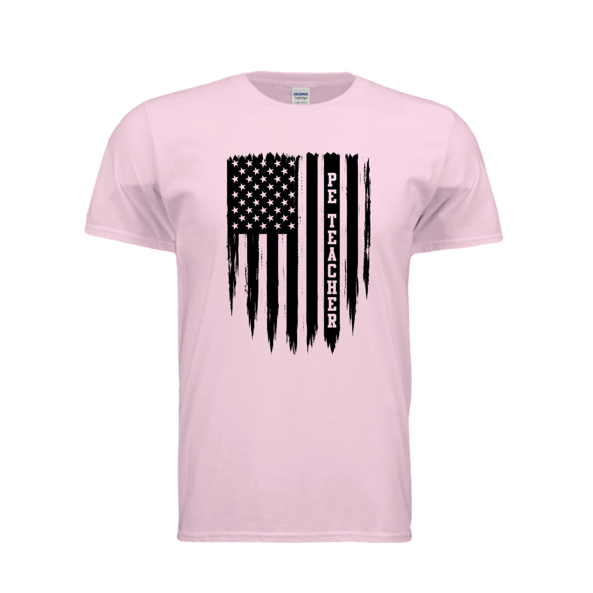 PE Teacher American flag physical education shirt in light pink by After the Bell Apparel Co.