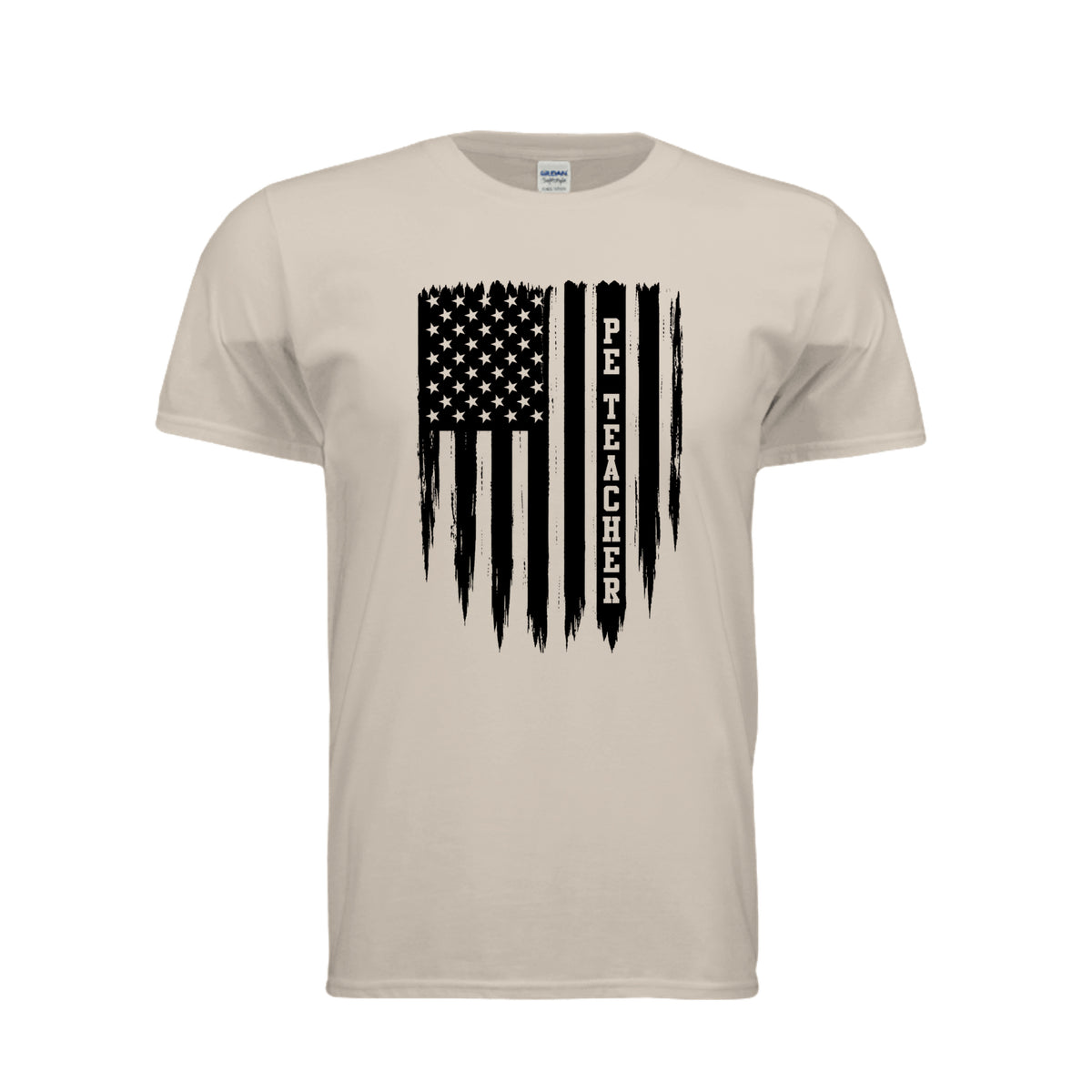 PE Teacher American flag physical education shirt in sand by After the Bell Apparel Co.