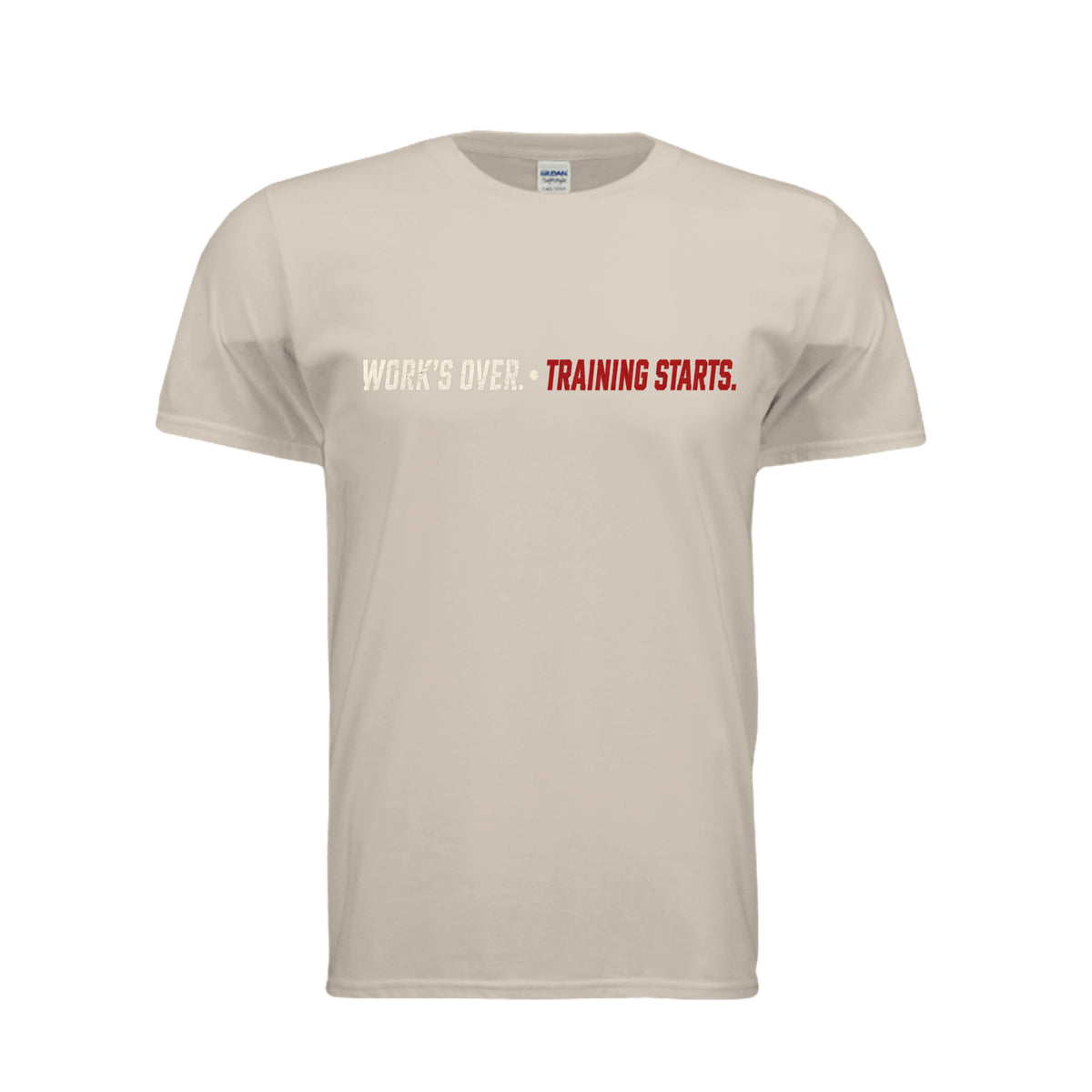 Works Over Training Starts fitness shirt in sand by After the Bell Apparel Co.