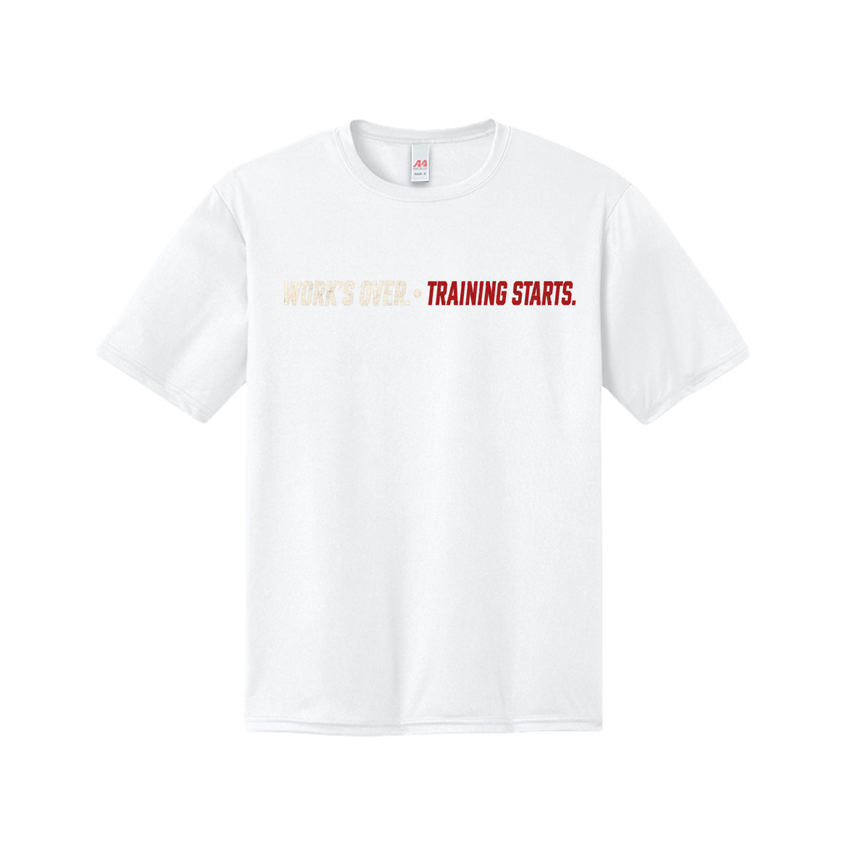 Works Over Training Starts fitness shirt in white by After the Bell Apparel Co.