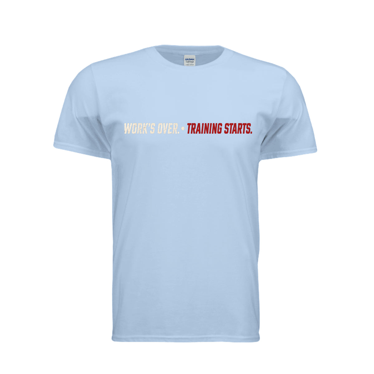 Works Over Training Starts fitness shirt in light blue by After the Bell Apparel Co.