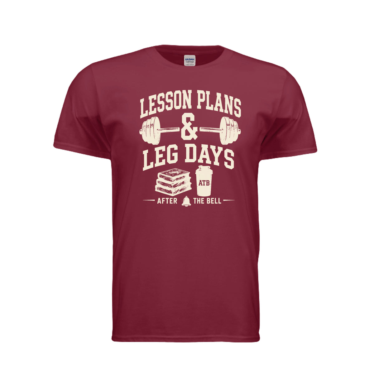 Lesson Plans and Leg Days teacher fitness shirt in cardinal red by After the Bell Apparel Co.