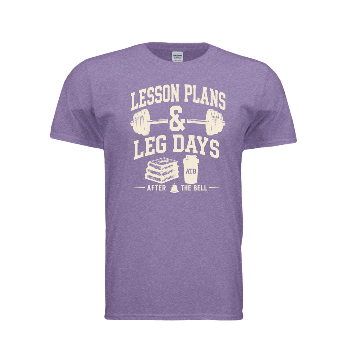 Lesson Plans and Leg Days teacher fitness shirt in heather purple by After the Bell Apparel Co.