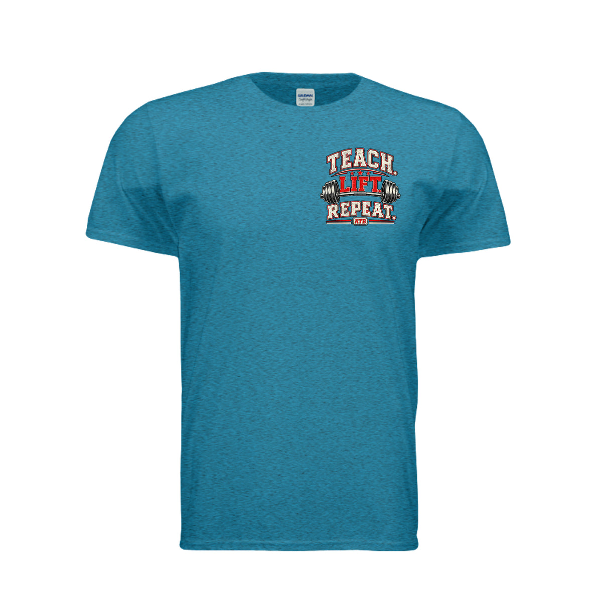 Teach Lift Repeat teacher fitness shirt in heather sapphire blue by After the Bell Apparel Co.