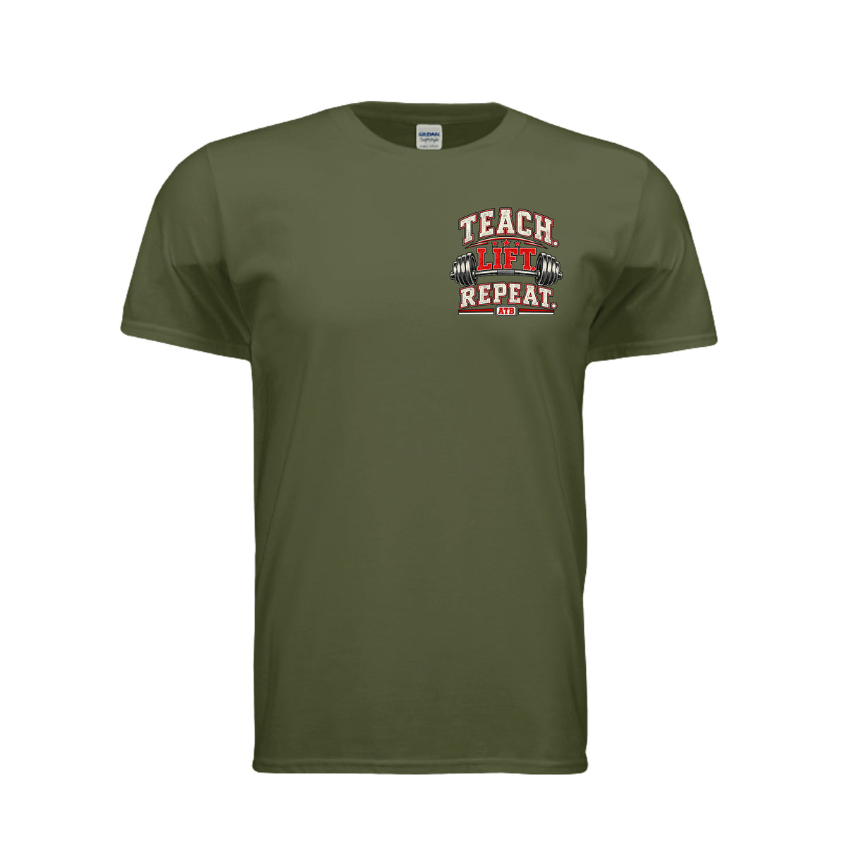 Teach Lift Repeat teacher fitness shirt in military green by After the Bell Apparel Co.
