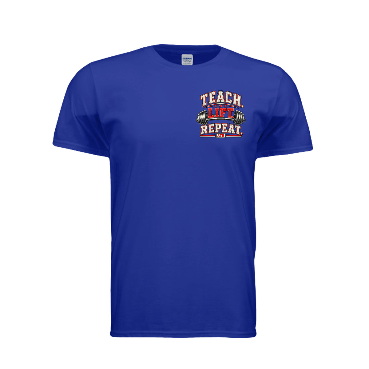 Teach Lift Repeat teacher fitness shirt in royal blue by After the Bell Apparel Co.