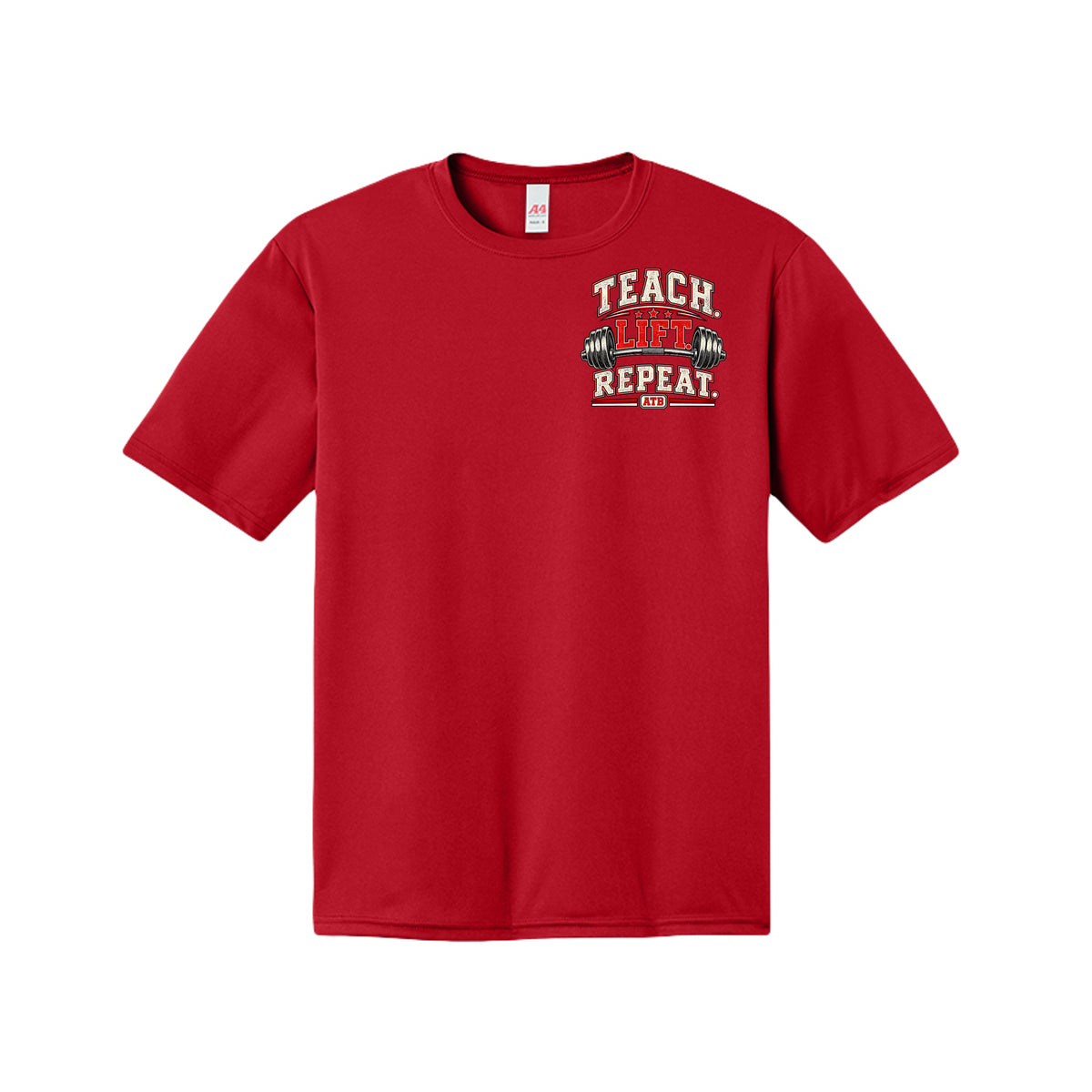 Teach Lift Repeat teacher fitness shirt in scarlet blue by After the Bell Apparel Co.