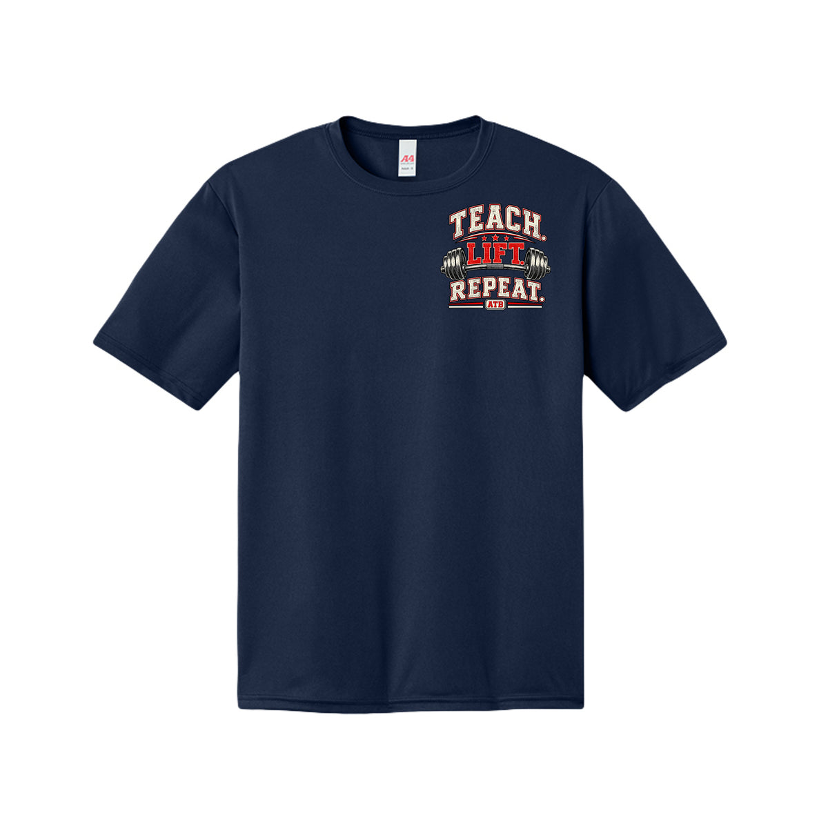Teach Lift Repeat teacher fitness shirt in navy by After the Bell Apparel Co.