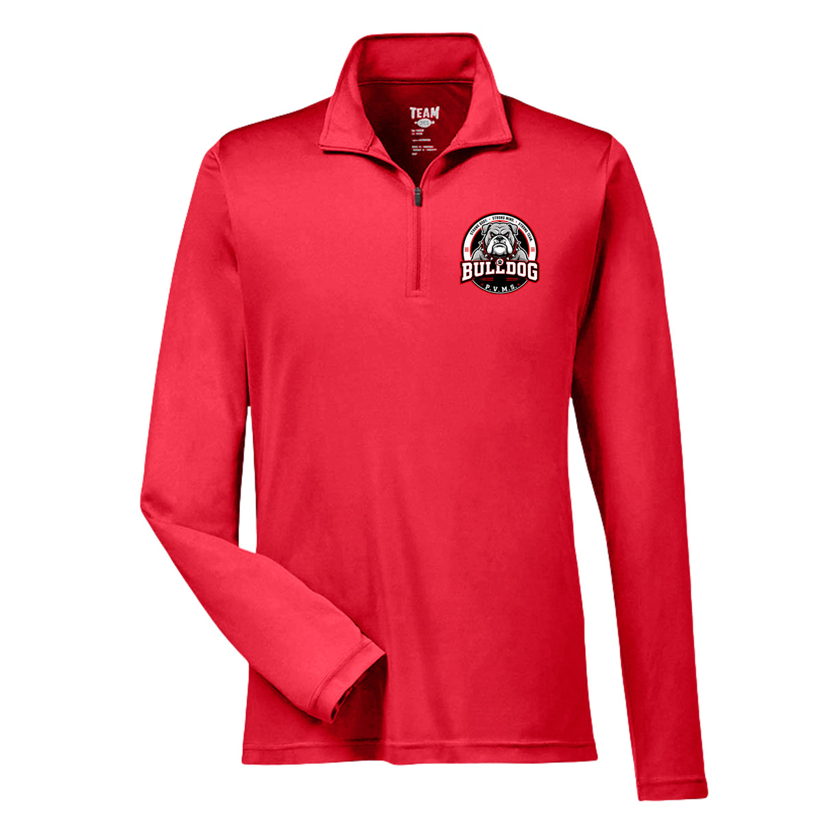 PVMS Bulldog logo Patuxent Valley Middle School quarter zip sweatshirt in red by After the Bell Apparel Co.