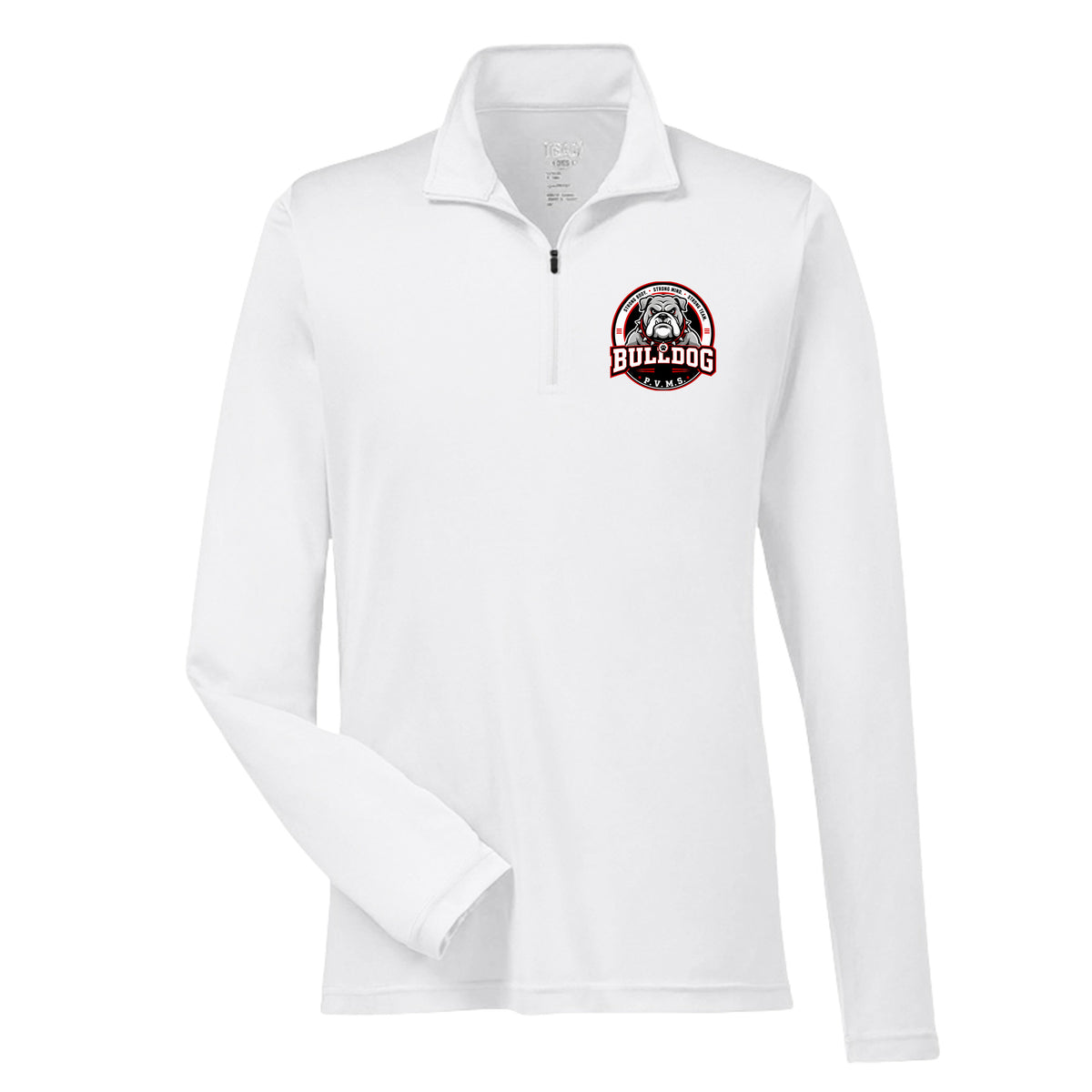PVMS Bulldog logo Patuxent Valley Middle School quarter zip sweatshirt in white by After the Bell Apparel Co.