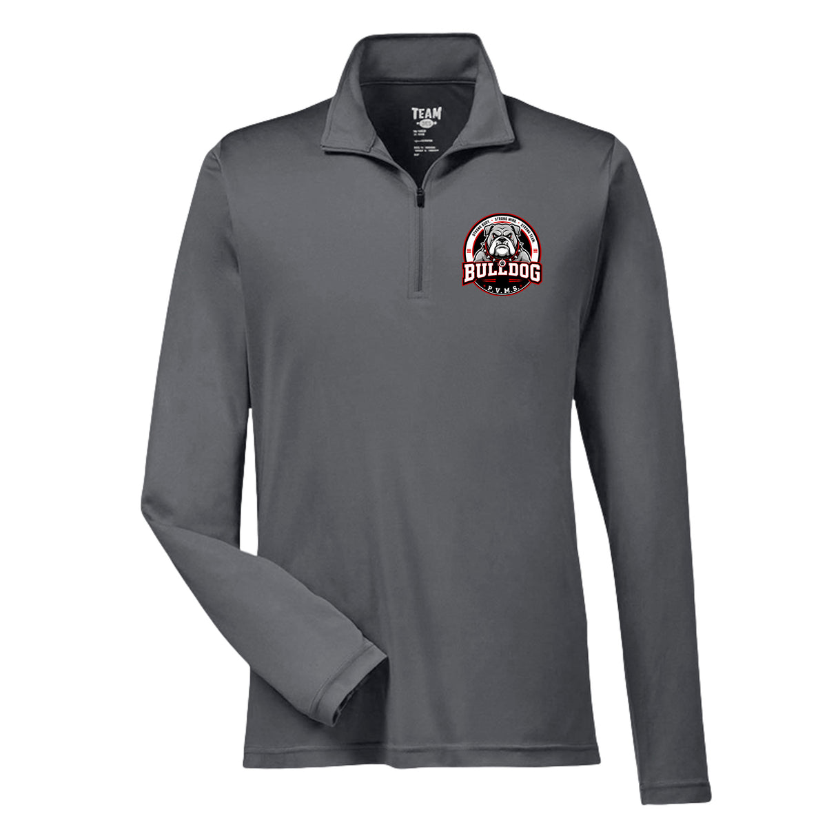 PVMS Bulldog logo Patuxent Valley Middle School quarter zip sweatshirt in grey by After the Bell Apparel Co.