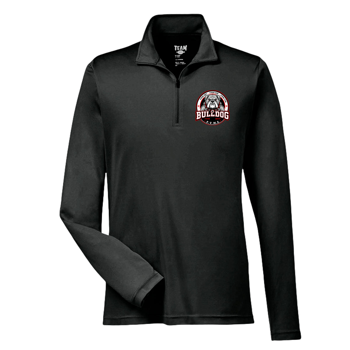 PVMS Bulldog logo Patuxent Valley Middle School quarter zip sweatshirt in black by After the Bell Apparel Co.