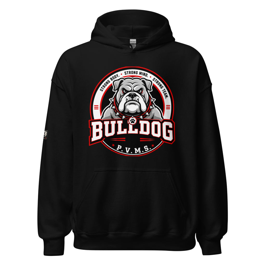 PVMS Bulldog hoodie in black featuring a large bulldog emblem on the front and a small After the Bell Apparel Co. logo on the sleeve.