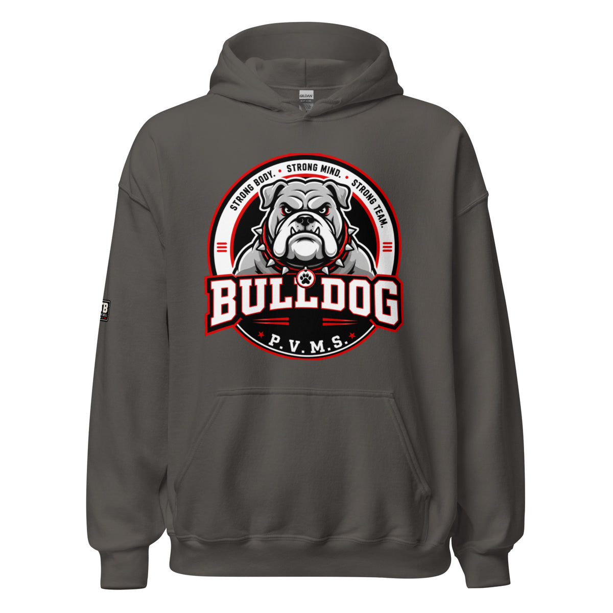 PVMS Bulldog hoodie in charcoal featuring a large bulldog emblem on the front and a small After the Bell Apparel Co. logo on the sleeve.