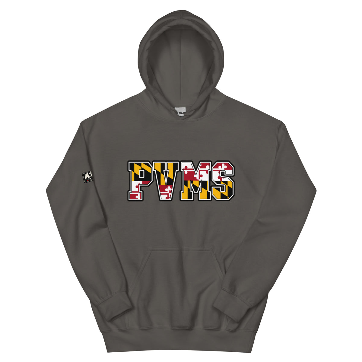 PVMS MD Pride hoodie in charcoal featuring PVMS lettering filled with the Maryland flag pattern.