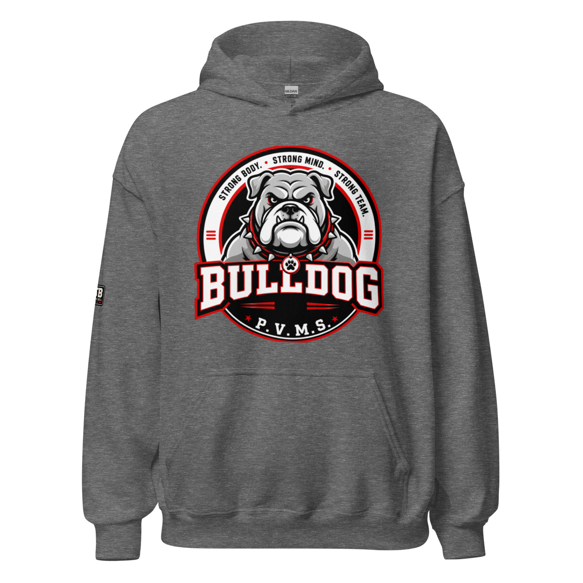 PVMS Bulldog hoodie in graphite heather featuring a large bulldog emblem on the front and a small After the Bell Apparel Co. logo on the sleeve.