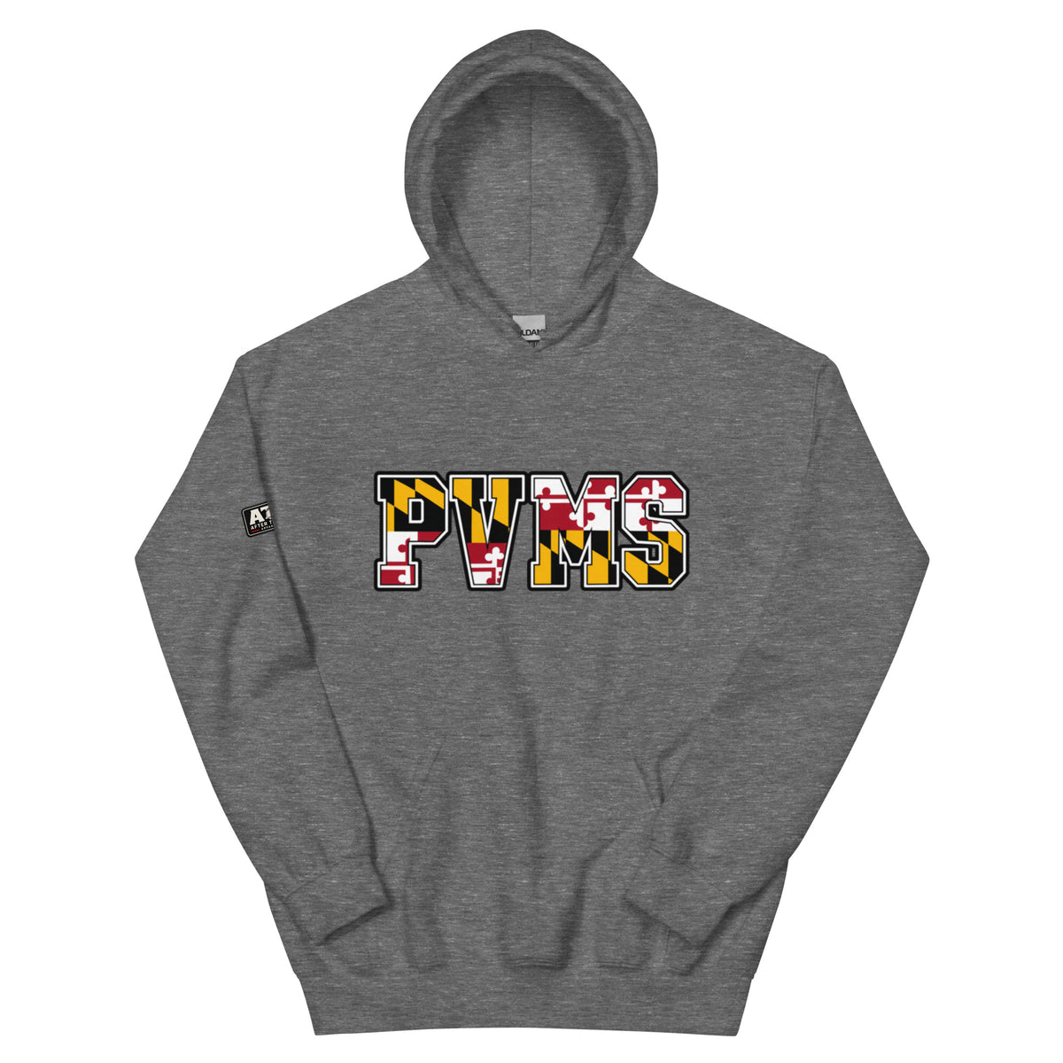 PVMS MD Pride hoodie in heather grey featuring PVMS lettering filled with the Maryland flag pattern.