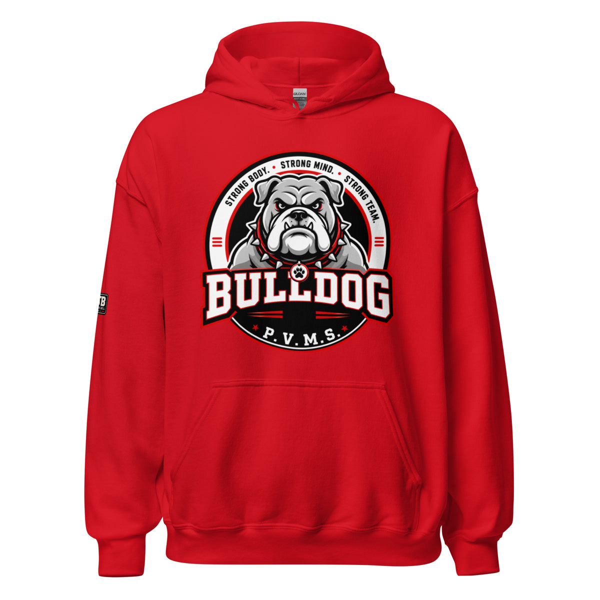 PVMS Bulldog hoodie in red featuring a large bulldog emblem on the front and a small After the Bell Apparel Co. logo on the sleeve.