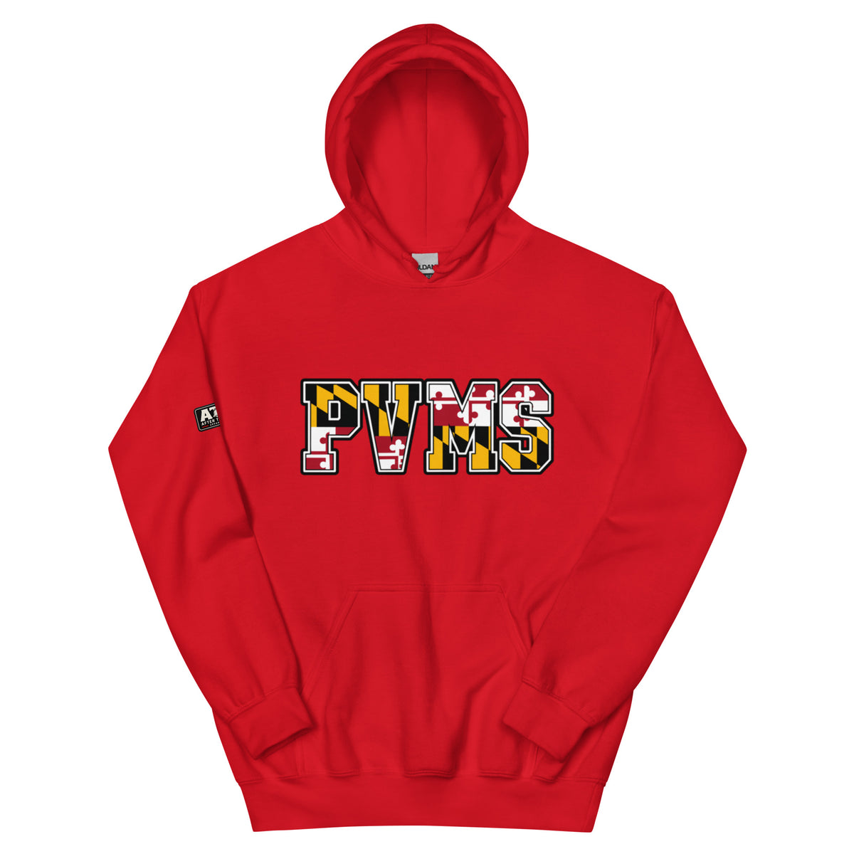 PVMS MD Pride hoodie in red featuring PVMS lettering filled with the Maryland flag pattern.