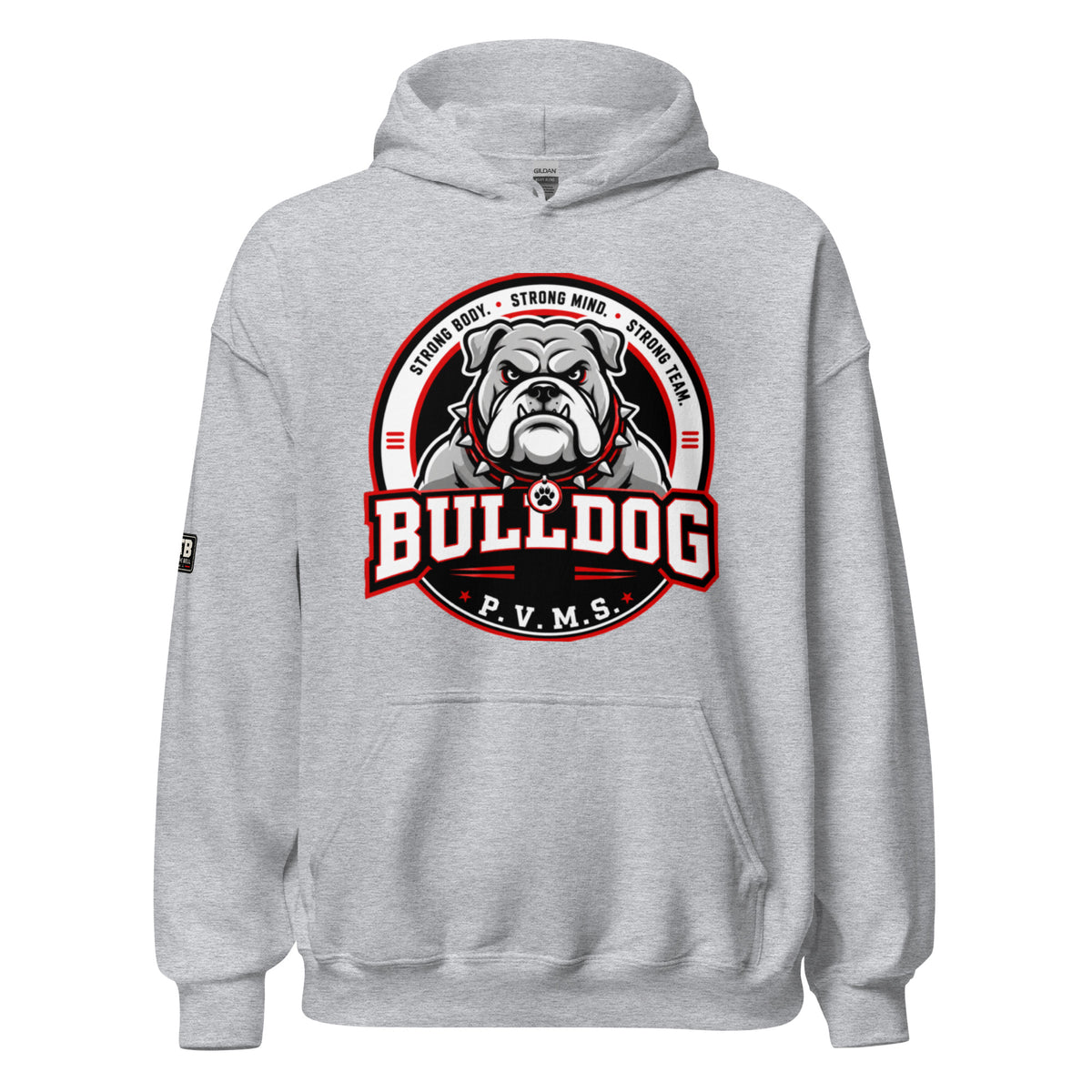 PVMS Bulldog hoodie in sport grey featuring a large bulldog emblem on the front and a small After the Bell Apparel Co. logo on the sleeve.