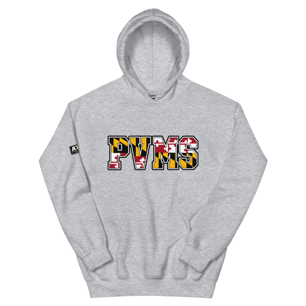 PVMS MD Pride hoodie in sport grey featuring PVMS lettering filled with the Maryland flag pattern.