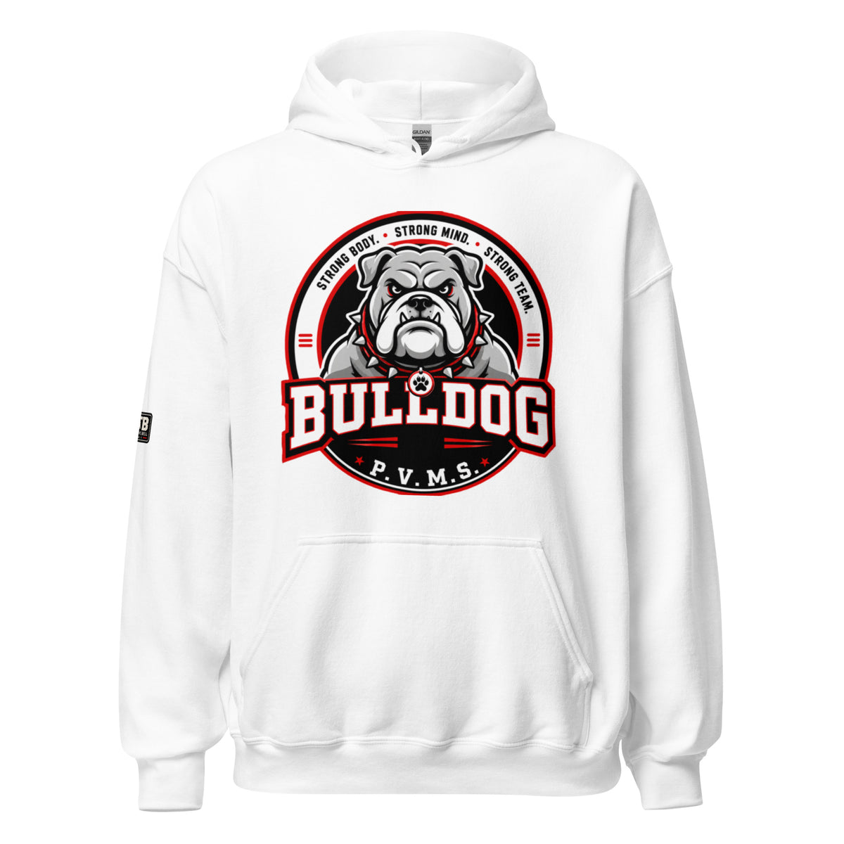 PVMS Bulldog hoodie in white featuring a large bulldog emblem on the front and a small After the Bell Apparel Co. logo on the sleeve.