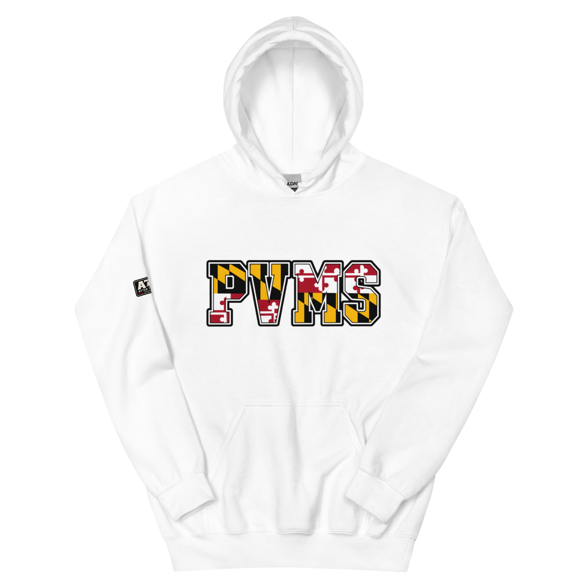 PVMS MD Pride hoodie in white featuring PVMS lettering filled with the Maryland flag pattern.