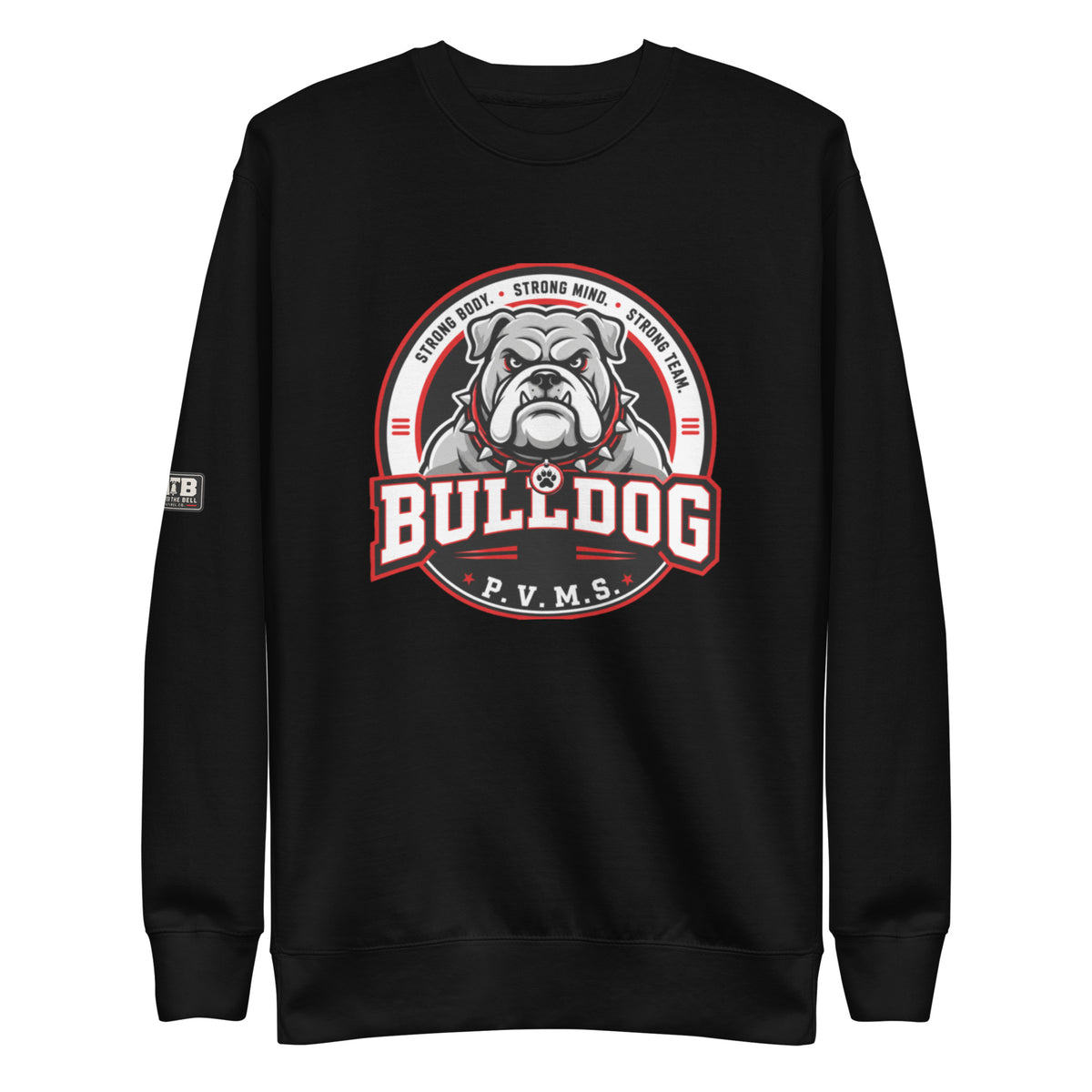 PVMS Bulldog crewneck sweatshirt  in black featuring a large bulldog emblem on the front and a small After the Bell logo on the sleeve.