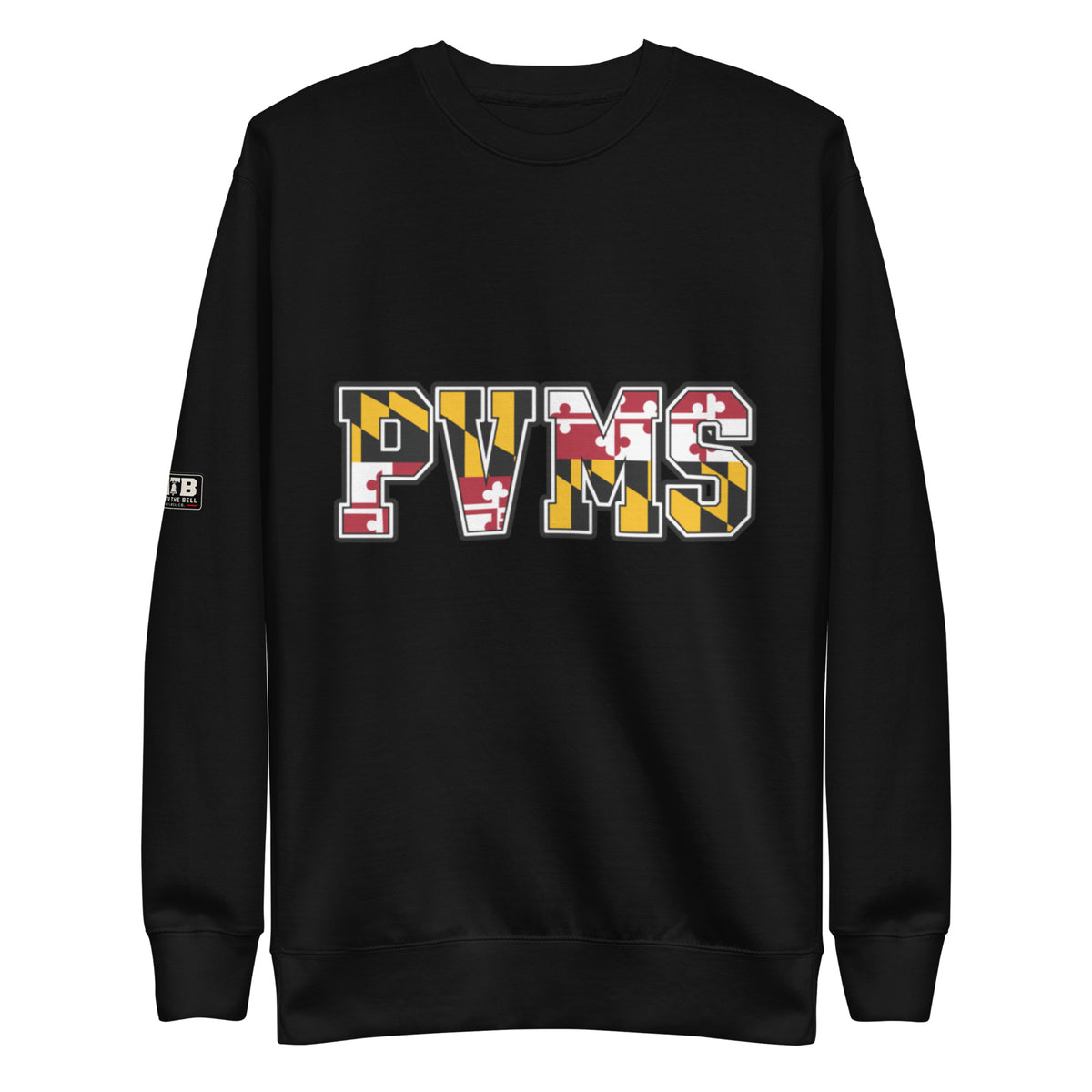 PVMS MD Pride crewneck sweatshirt in black  featuring PVMS lettering filled with the Maryland flag pattern.