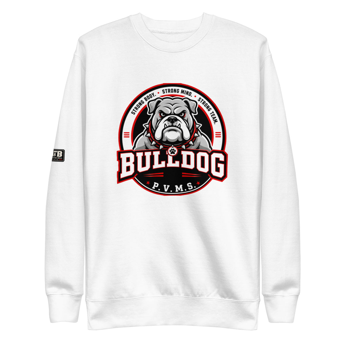 PVMS Bulldog crewneck sweatshirt in white featuring a large bulldog emblem on the front and a small After the Bell logo on the sleeve.