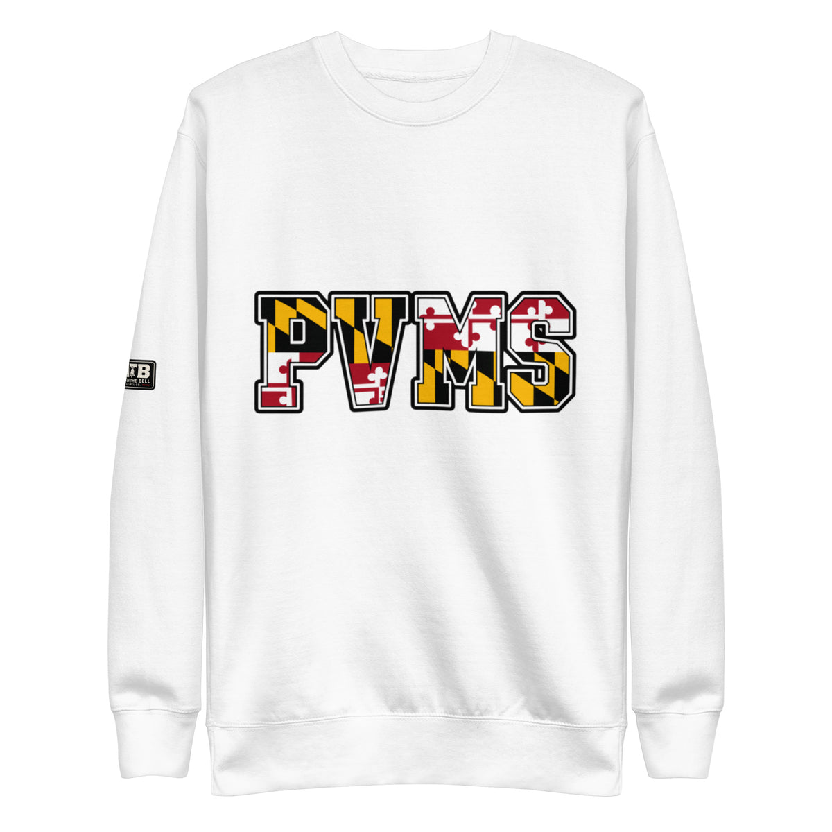 PVMS MD Pride crewneck sweatshirt in white featuring PVMS lettering filled with the Maryland flag pattern.