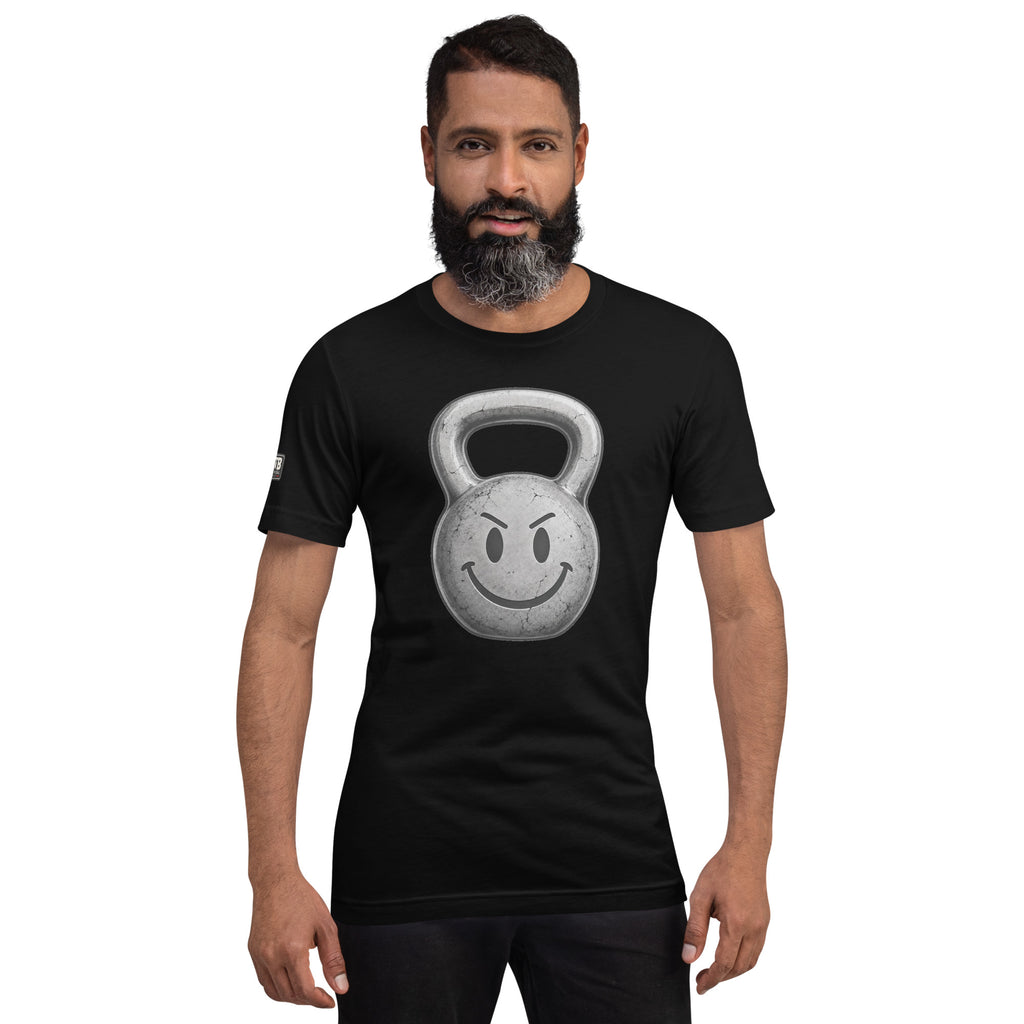Kettlebell smiley face fitness shirt in black by After the Bell Apparel Co.