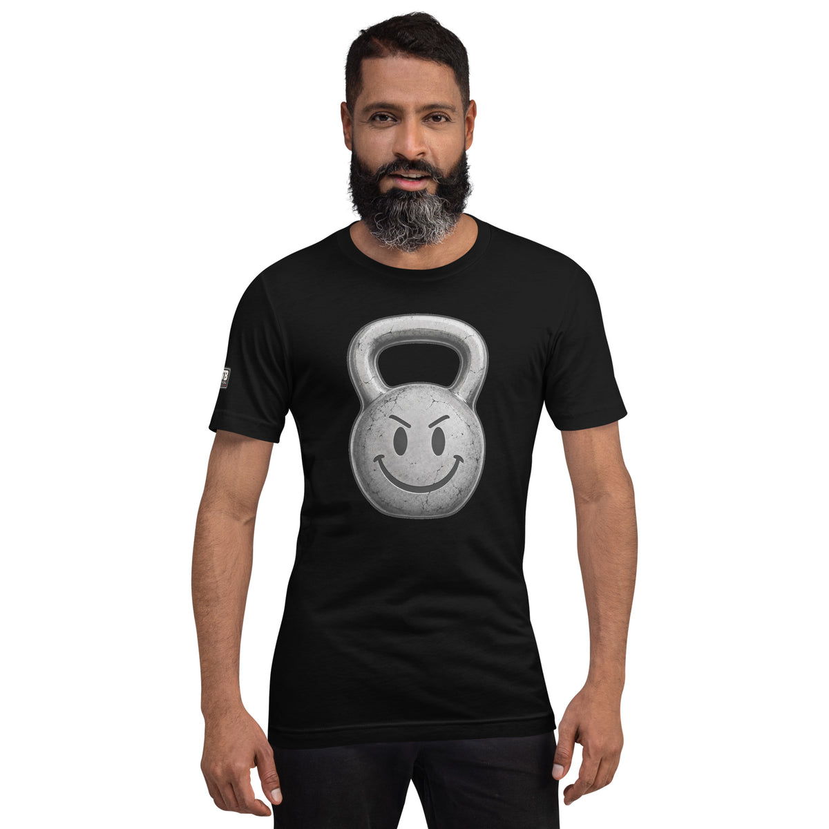Kettlebell smiley face fitness shirt in black by After the Bell Apparel Co.