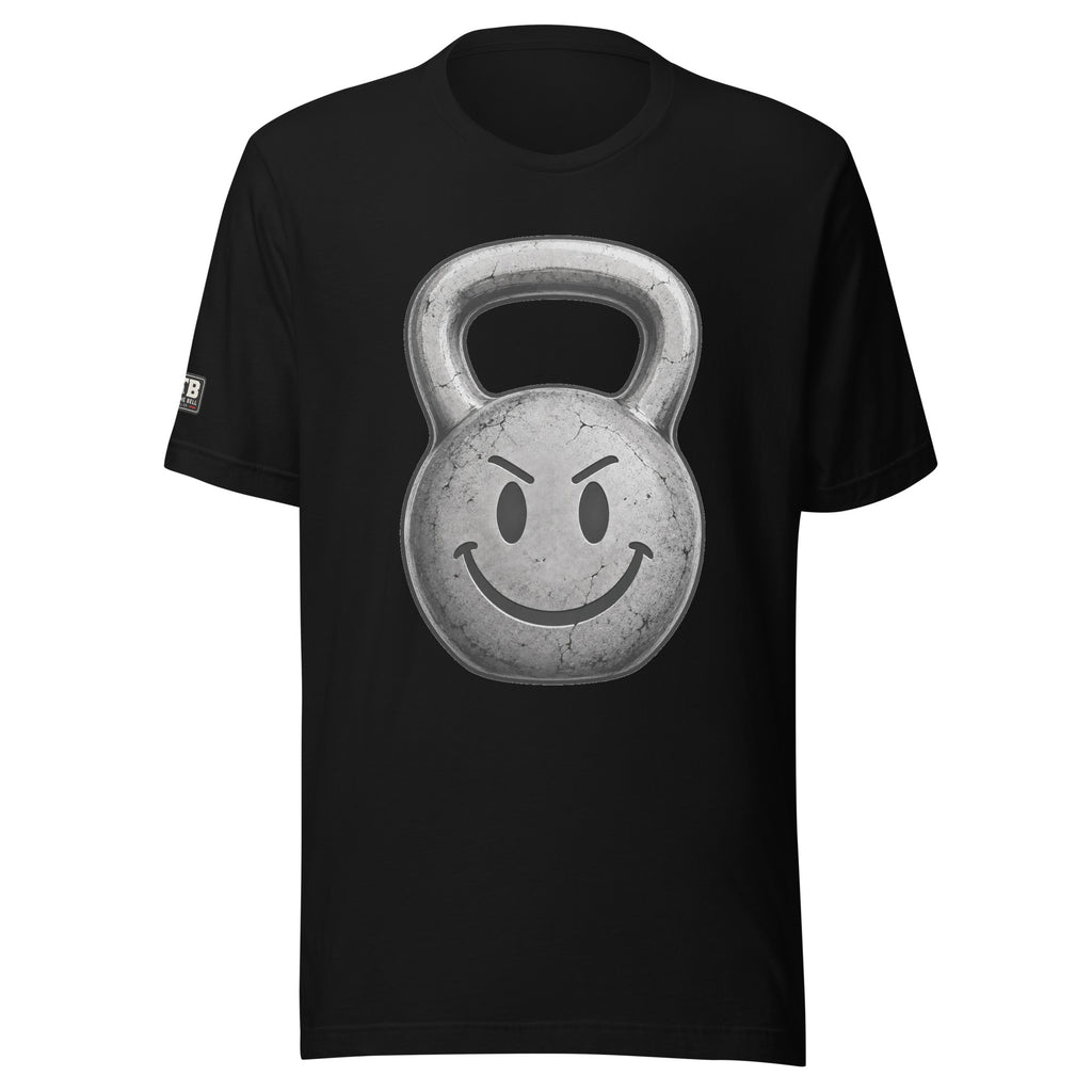 Kettlebell smiley face fitness shirt in black by After the Bell Apparel Co.