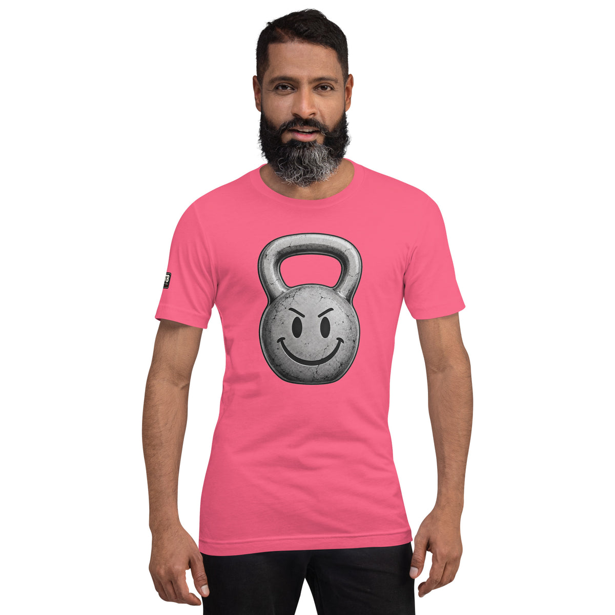Kettlebell smiley face fitness shirt in pink by After the Bell Apparel Co.