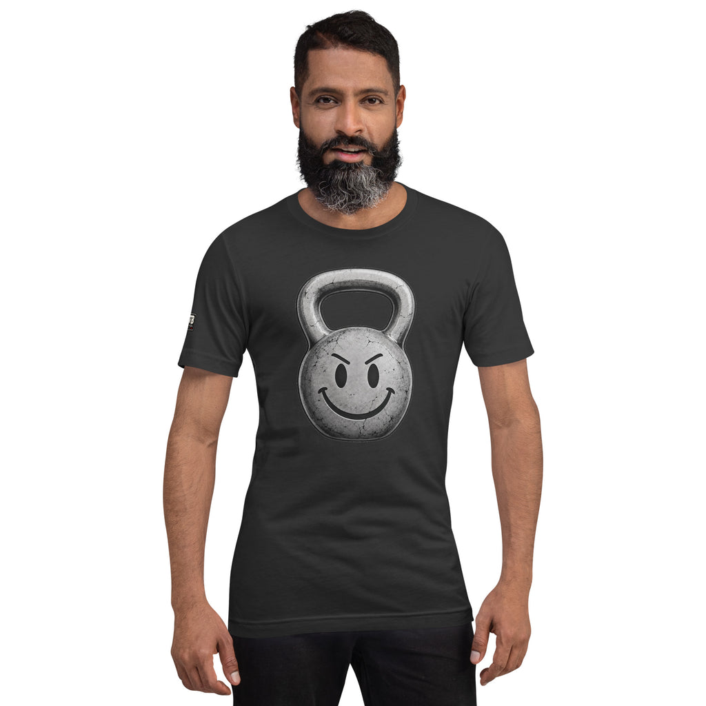Kettlebell smiley face fitness shirt in dark grey by After the Bell Apparel Co.