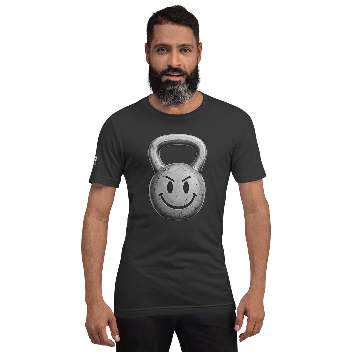 Kettlebell smiley face fitness shirt in dark grey by After the Bell Apparel Co.