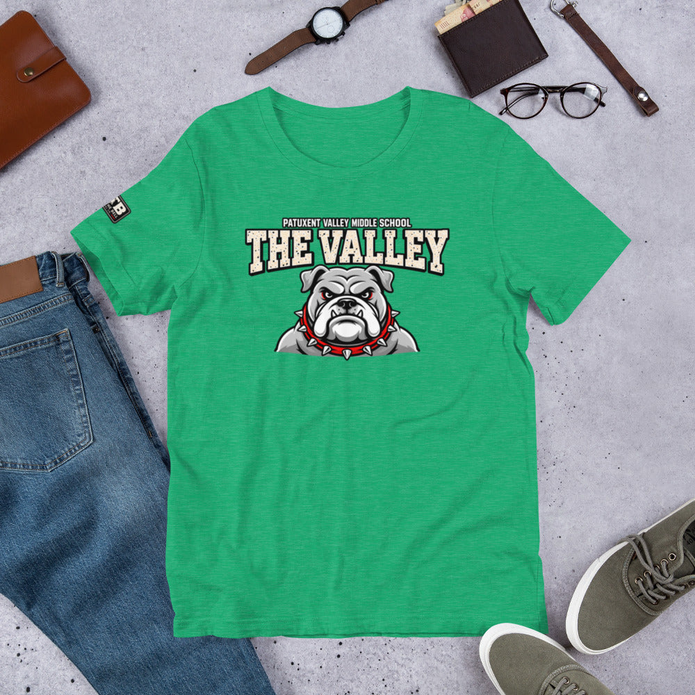 Heathered Kelly Green Patuxent Valley Middle School T-shirt featuring distressed white THE VALLEY lettering and a gray bulldog mascot with a red spiked collar.