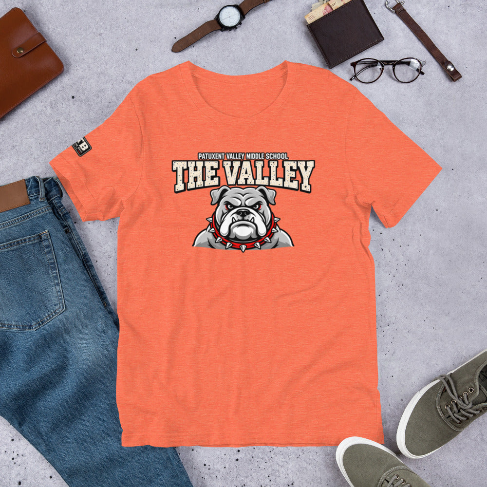 Heathered Orange Patuxent Valley Middle School T-shirt featuring distressed white THE VALLEY lettering and a gray bulldog mascot with a red spiked collar.
