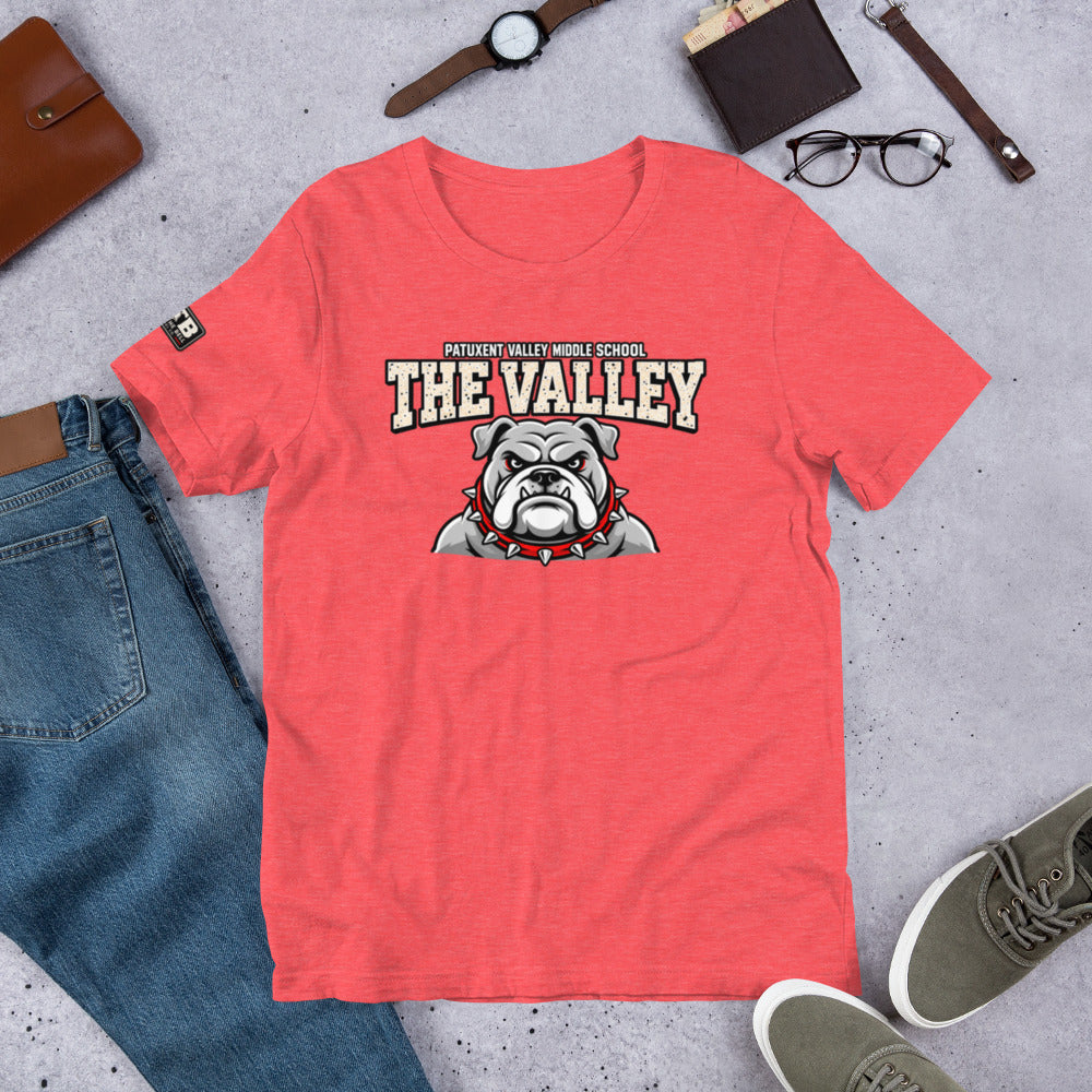 Heather red Patuxent Valley Middle School T-shirt featuring distressed white THE VALLEY lettering and a gray bulldog mascot with a red spiked collar.