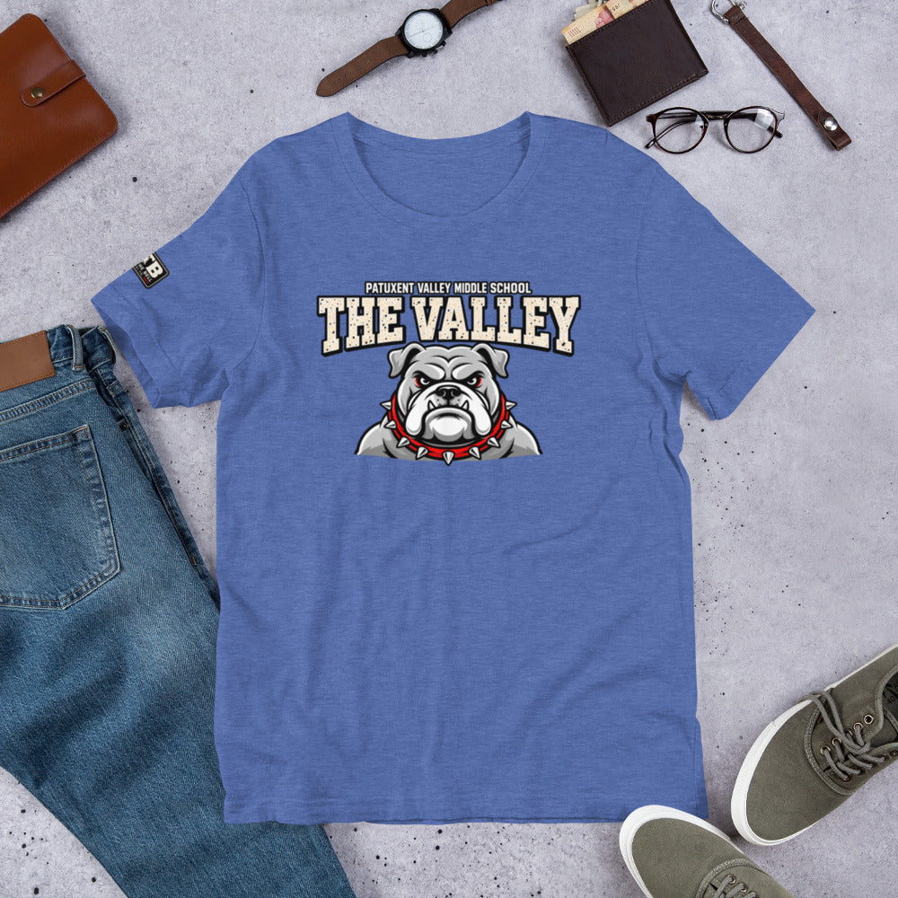 Heathered royal blue Patuxent Valley Middle School T-shirt featuring distressed white THE VALLEY lettering and a gray bulldog mascot with a red spiked collar.