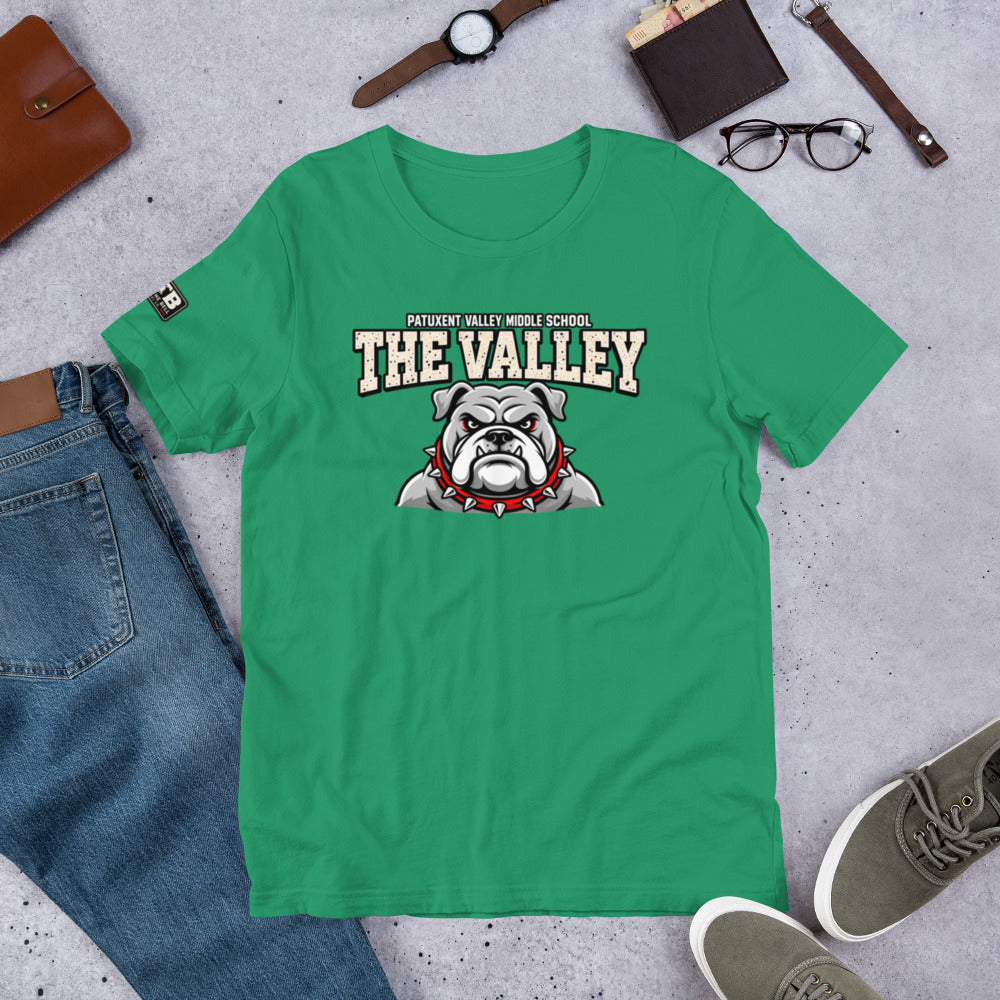 Kelly Green Patuxent Valley Middle School T-shirt featuring distressed white THE VALLEY lettering and a gray bulldog mascot with a red spiked collar.