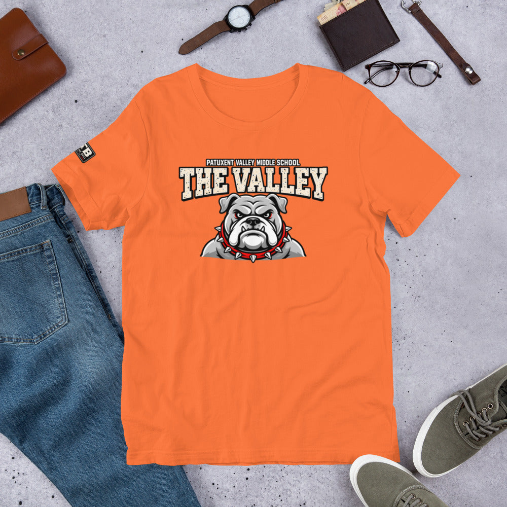 Orange Patuxent Valley Middle School T-shirt featuring distressed white THE VALLEY lettering and a gray bulldog mascot with a red spiked collar.