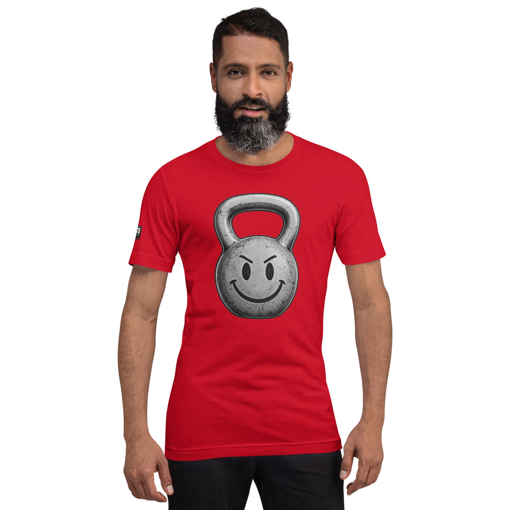 Kettlebell smiley face fitness shirt in red by After the Bell Apparel Co.