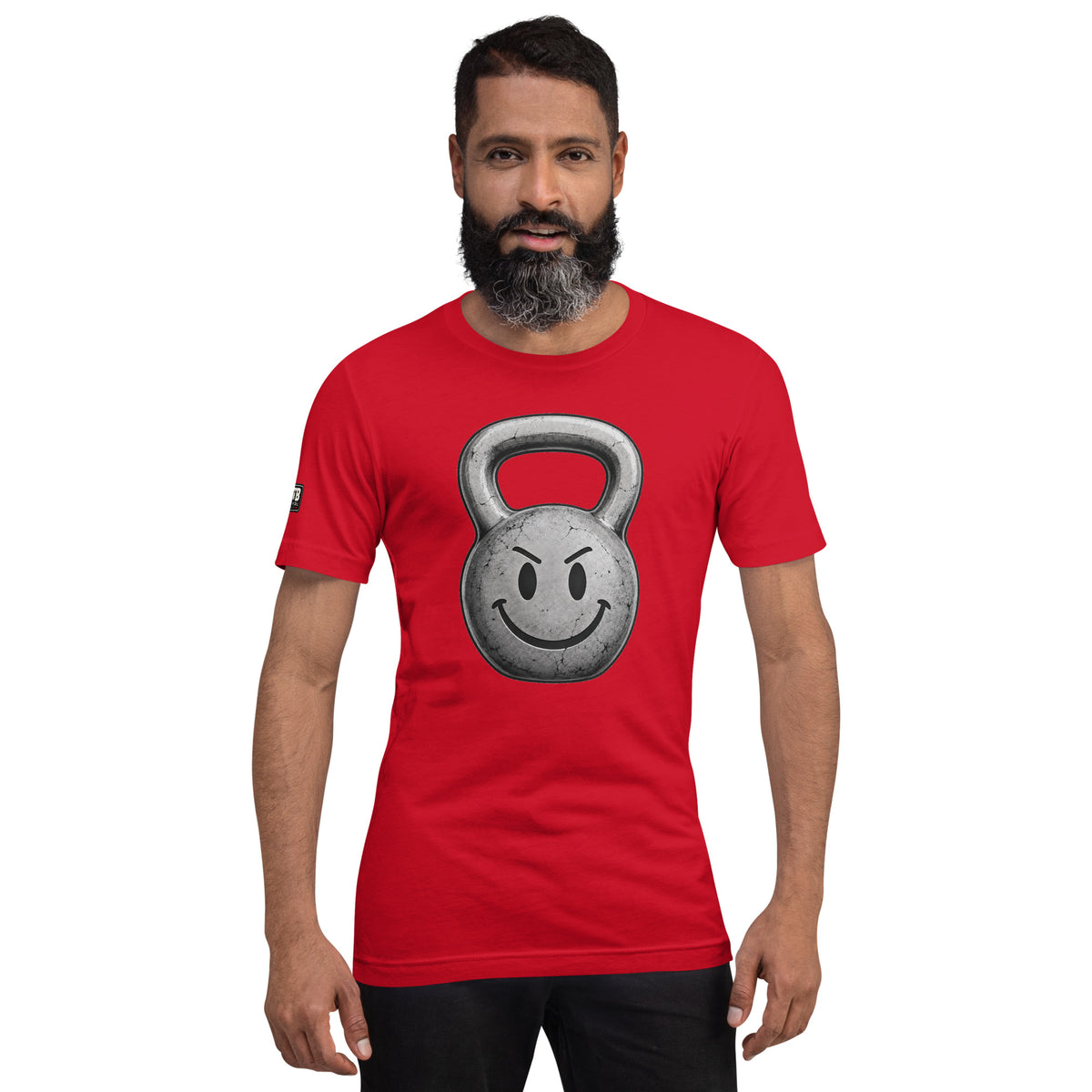 Kettlebell smiley face fitness shirt in red by After the Bell Apparel Co.