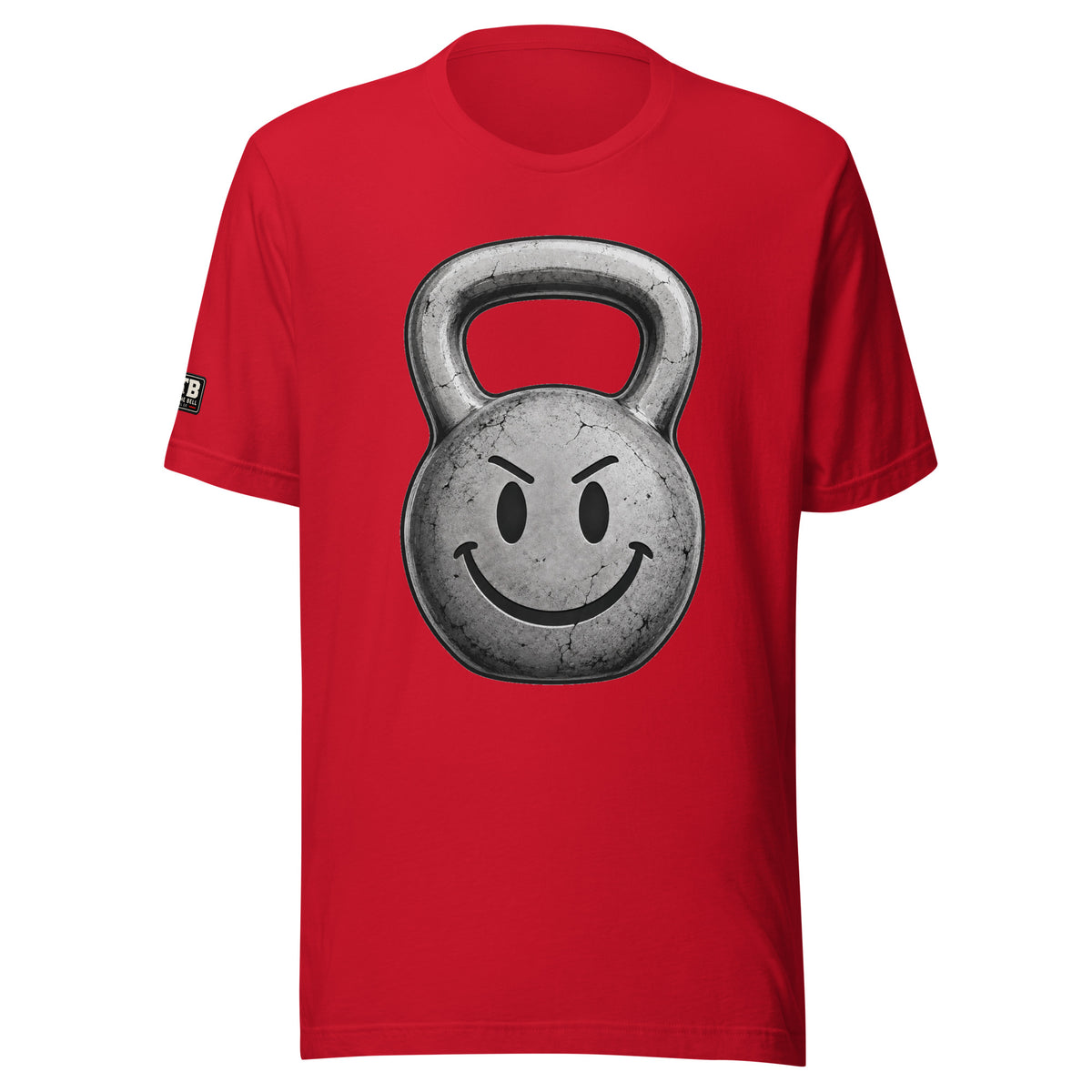 Kettlebell smiley face fitness shirt in red by After the Bell Apparel Co.