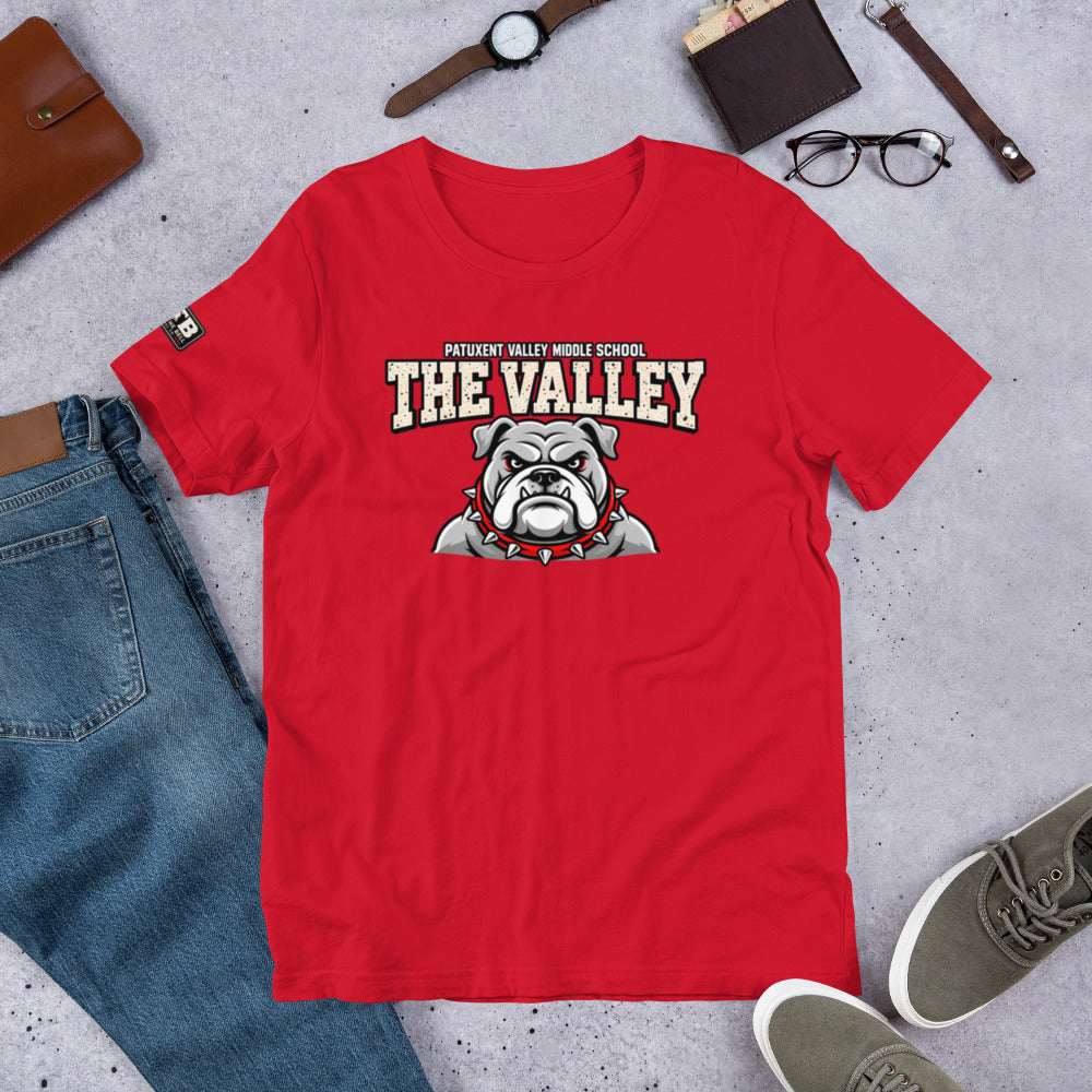 Red Patuxent Valley Middle School T-shirt featuring distressed white THE VALLEY lettering and a gray bulldog mascot with a red spiked collar.