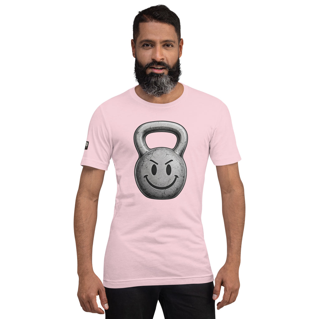 Kettlebell smiley face fitness shirt in light pink by After the Bell Apparel Co.